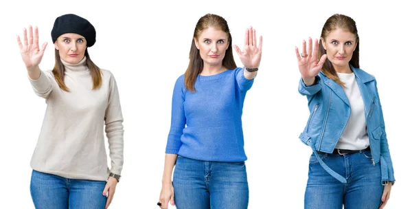 Collage Hermosa Mujer Mediana Edad Sobre Fondo Aislado Haciendo Dejar — Foto de Stock