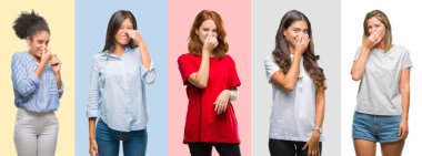 İspanyol, Afro-Amerikan, Asya, Hint kadın vintage renk arka plan bir şey pis ve iğrenç kokulu, dayanılmaz koku, holding nefes burun parmaklar ile kolaj. Kötü kokuyor kavramı.