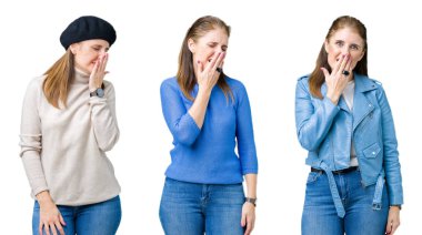 Kolaj izole arka plan güzel orta yaş kadın el ağzıyla kapsayan yorgun esneme sıkılmış. Restless ve uyku hali.