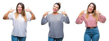 Genç güzel kadın kendinden emin gösterilen ve işaret parmakları diş ve ağız ile gülümseyen izole arka plan yüzünden kolaj. Sağlık kavramı.
