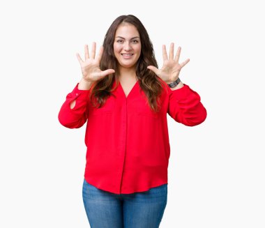 Parmakları ile number ten kendinden emin ve mutlu gülümseyerek süre güzel artı boyutu genç iş kadını ve yukarıyı gösteren izole arka plan üzerinde.