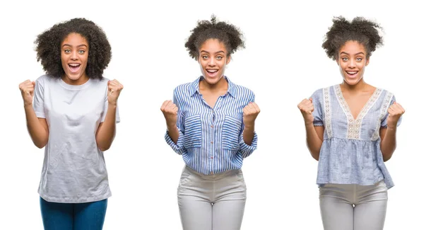 Collage Van Afrikaanse Amerikaanse Vrouw Geïsoleerde Achtergrond Vieren Verrast Verbaasd — Stockfoto