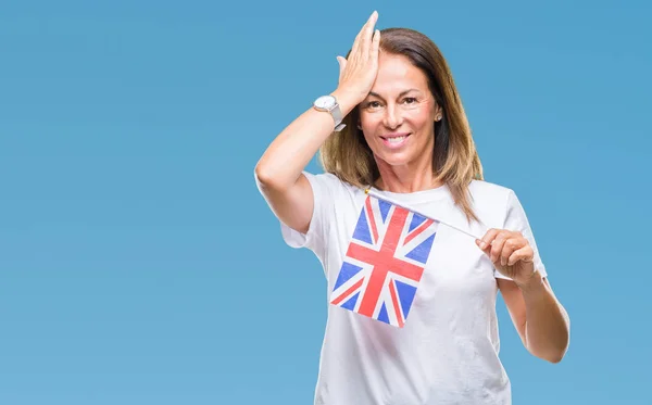 Mujer Hispana Mediana Edad Sosteniendo Bandera Del Reino Unido Sobre —  Fotos de Stock