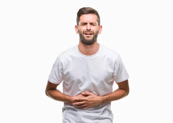 Joven Hombre Guapo Sobre Fondo Aislado Con Mano Estómago Porque — Foto de Stock