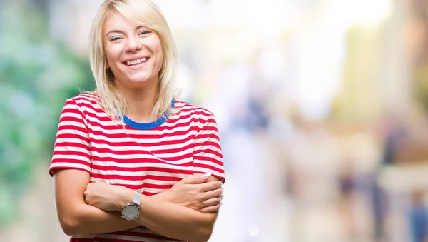 Jonge Mooie Blonde Vrouw Geïsoleerde Achtergrond Blij Gezicht Lachend Met — Stockfoto