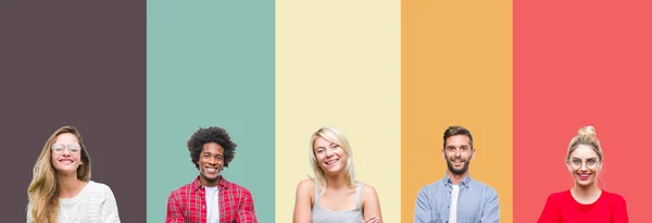 Colagem Grupo Jovens Sobre Colorido Vintage Isolado Fundo Feliz Rosto — Fotografia de Stock