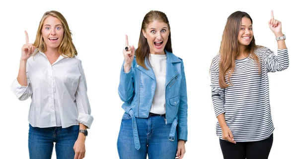 Collage Van Groep Drie Mooie Vrouwen Witte Geïsoleerde Achtergrond Vinger — Stockfoto
