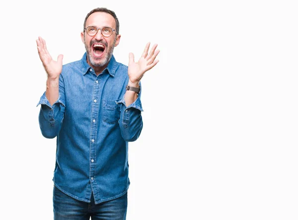 Hombre Mediana Edad Con Gafas Sobre Fondo Aislado Celebrando Sorprendido — Foto de Stock