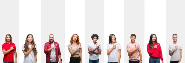 Collage Diferentes Etnias Jóvenes Sobre Rayas Blancas Fondo Aislado Alegre — Foto de Stock