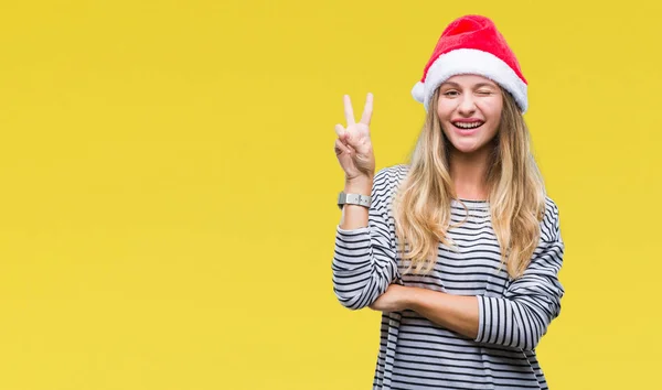 Jovem Bela Mulher Loira Vestindo Chapéu Natal Sobre Fundo Isolado — Fotografia de Stock