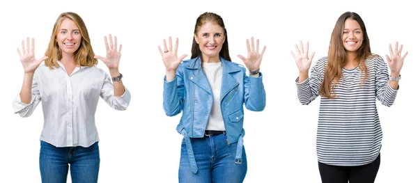 Collage Groupe Trois Belles Femmes Sur Fond Blanc Isolé Montrant — Photo