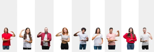 不同民族的拼贴青年在白色条纹孤立的背景手势与手显示大和大尺寸的标志 测量符号 看着镜头微笑 测量概念 — 图库照片