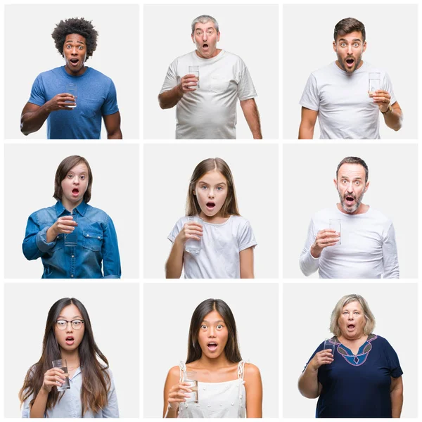 Collage Grupp Människor Dricka Glas Vatten Över Isolerade Bakgrund Rädd — Stockfoto