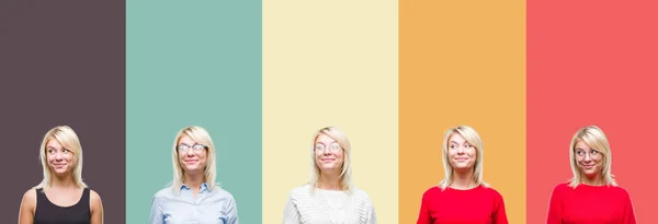 Collage Hermosa Mujer Rubia Sobre Fondo Aislado Vintage Sonriendo Mirando —  Fotos de Stock