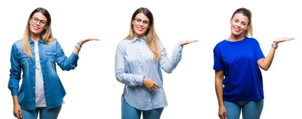 Colagem Jovem Mulher Bonita Vestindo Óculos Sobre Fundo Isolado Sorrindo — Fotografia de Stock