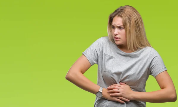 Mujer Caucásica Joven Sobre Fondo Aislado Con Mano Estómago Porque — Foto de Stock