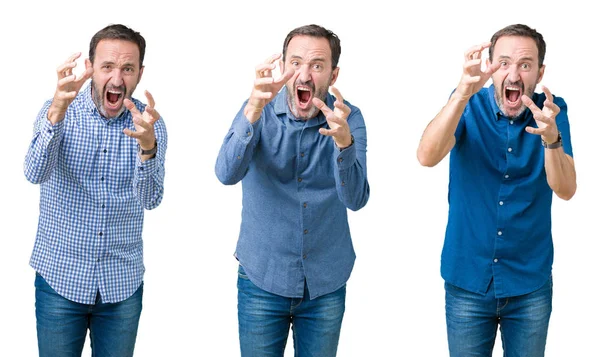 Collage Handsome Senior Man White Isolated Background Shouting Frustrated Rage — Stock Photo, Image