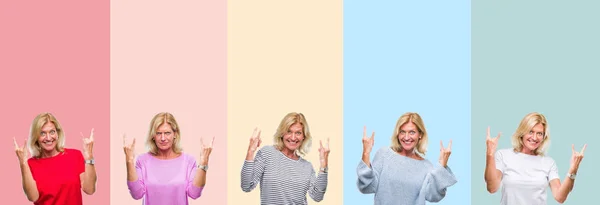 Collage Van Middelbare Leeftijd Senior Mooie Vrouw Kleurrijke Strepen Geïsoleerd — Stockfoto