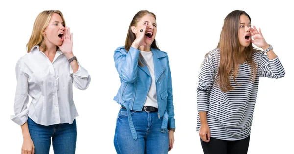 Collage Groupe Trois Belles Femmes Sur Fond Blanc Isolé Criant — Photo