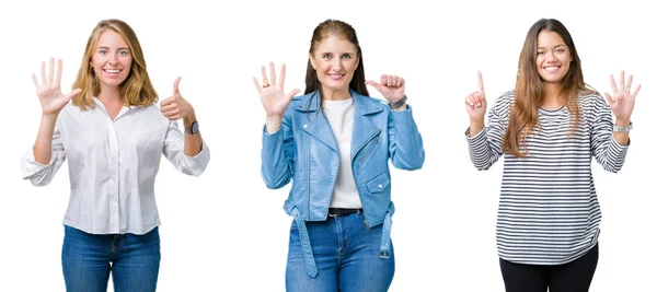 Colagem Grupo Três Mulheres Bonitas Sobre Fundo Isolado Branco Mostrando — Fotografia de Stock