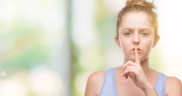 Young Blonde Woman Asking Quiet Finger Lips Silence Secret Concept — Stock Photo, Image