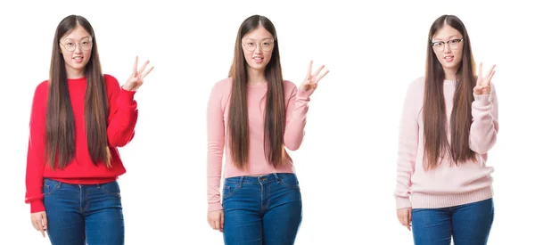 年轻美丽的中国女人在孤立的背景下拼贴 一边用手指指着三 一边微笑着自信和快乐 — 图库照片