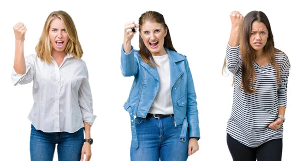 Collage Grupp Tre Vackra Kvinnor Över Isolerade Vitbakgrund Arg Och — Stockfoto