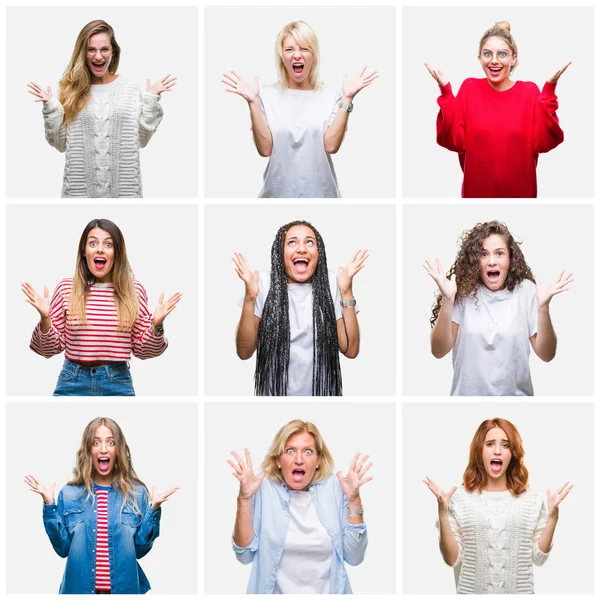 Collage of group of young and senior women over isolated background celebrating crazy and amazed for success with arms raised and open eyes screaming excited. Winner concept