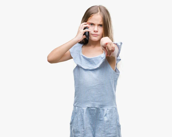 Young Beautiful Girl Talking Phone Isolated Background Pointing Finger Camera — Stock Photo, Image