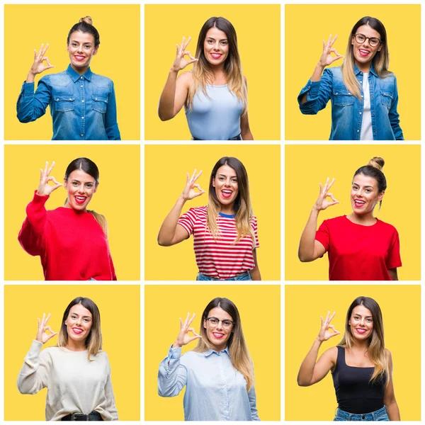 Collage Mujer Hermosa Joven Sobre Fondo Aislado Amarillo Sonriendo Positiva —  Fotos de Stock