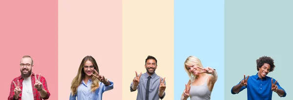 Collage Van Verschillende Etniciteit Jongeren Geïsoleerde Achtergrond Kleurrijke Strepen Glimlachend — Stockfoto
