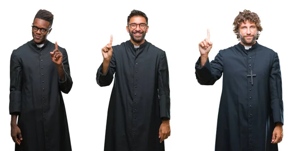 Collage Hombres Sacerdotes Cristianos Sobre Fondo Aislado Mostrando Señalando Con —  Fotos de Stock