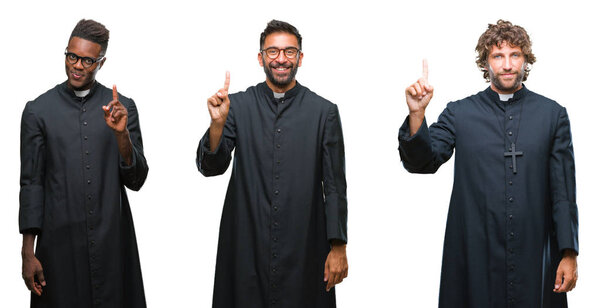 Collage of christian priest men over isolated background showing and pointing up with finger number one while smiling confident and happy.