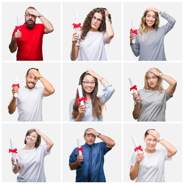 Collage Gruppen Människor Höll Grad Färgglada Isolerade Bakgrund Stressad Med — Stockfoto