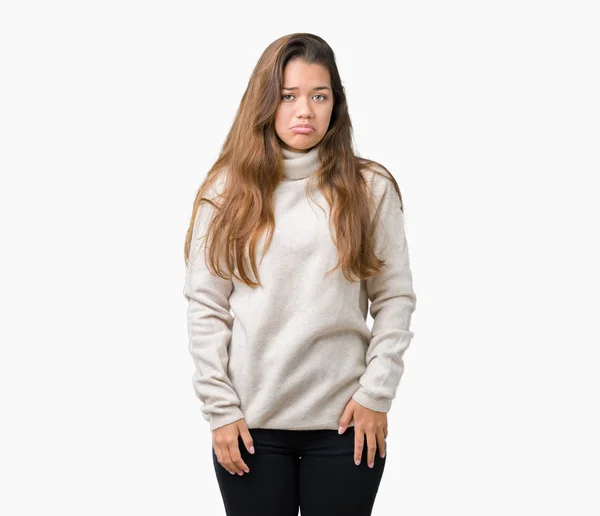 Young Beautiful Brunette Woman Wearing Turtleneck Sweater Isolated Background Depressed — Stock Photo, Image