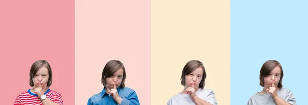 Colagem Mulher Síndrome Abaixo Sobre Listras Coloridas Fundo Isolado Pedindo — Fotografia de Stock