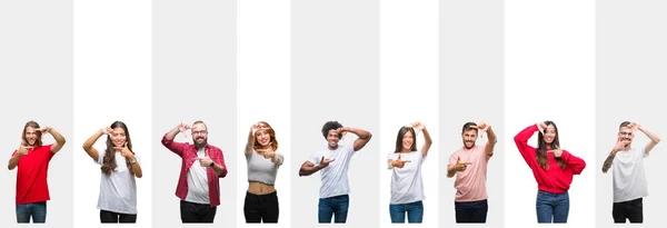 Collage Diferentes Etnias Jóvenes Sobre Rayas Blancas Fondo Aislado Sonriendo — Foto de Stock