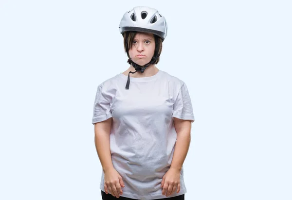 Mulher Ciclista Jovem Adulto Com Síndrome Usando Capacete Segurança Sobre — Fotografia de Stock