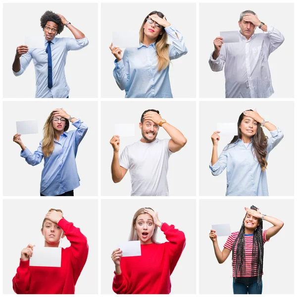 Collage Group People Holding Blank Visit Card Isolated Background Stressed — Stock Photo, Image