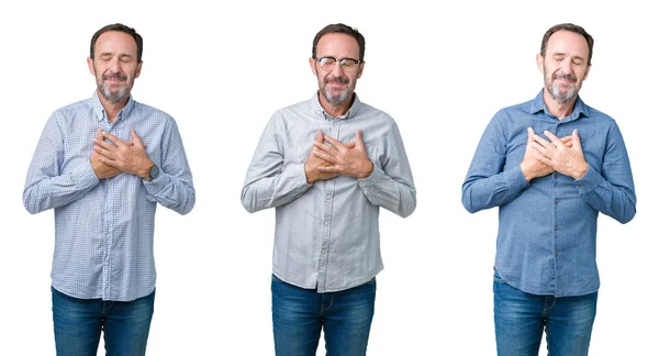 Collage Handsome Senior Business Man White Isolated Background Smiling Hands — Stock Photo, Image