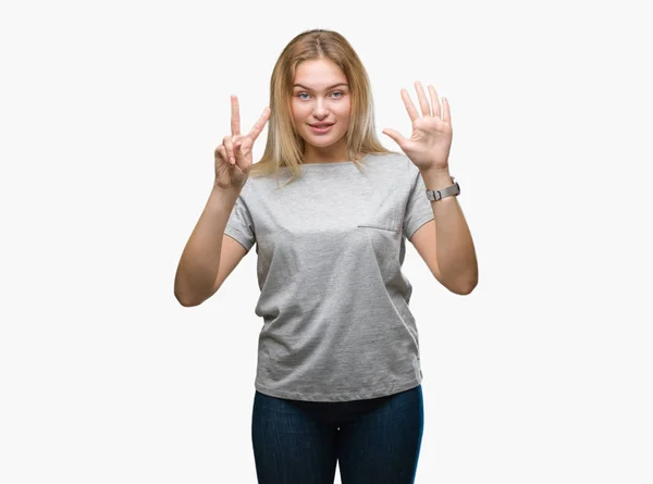 Young Caucasian Woman Isolated Background Showing Pointing Fingers Number Seven — Stock Photo, Image