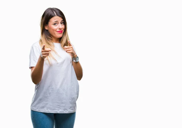 Mooie Jongedame Casual Wit Shirt Geïsoleerde Achtergrond Wijzen Vingers Naar — Stockfoto