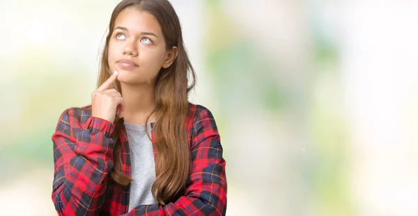 Young Beautiful Brunette Woman Wearing Jacket Isolated Background Hand Chin — Stock Photo, Image