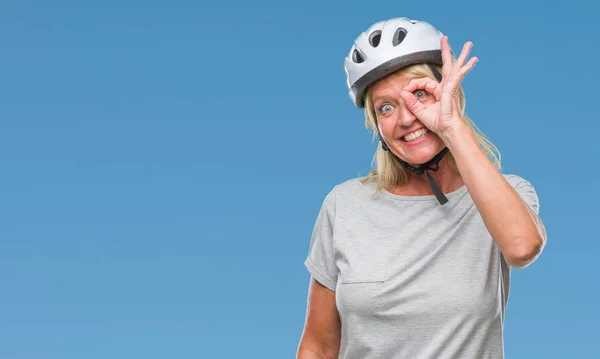 Femme Cycliste Caucasienne Âge Moyen Portant Casque Sécurité Sur Fond — Photo