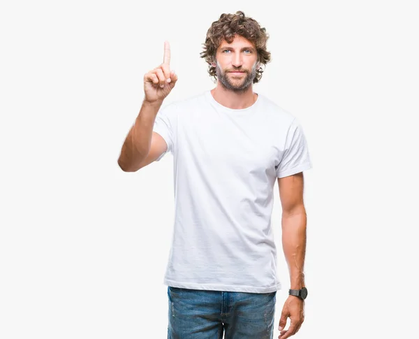 Handsome Hispanic Model Man Isolated Background Showing Pointing Finger Number — Stock Photo, Image