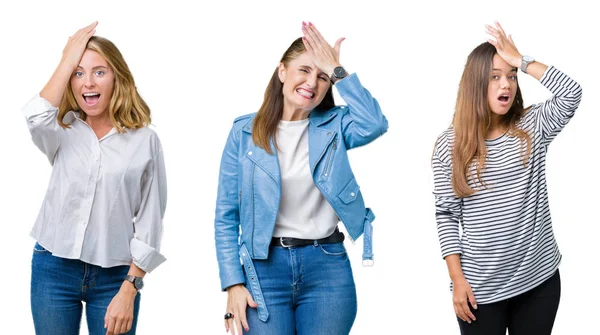 Collage Grupo Tres Hermosas Mujeres Sobre Fondo Blanco Aislado Sorprendido — Foto de Stock