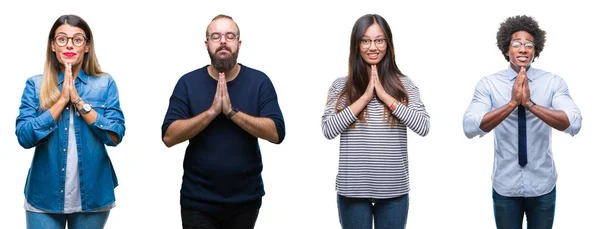 Collage Grupo Jóvenes Empresarios Sobre Fondo Aislado Rezando Con Las — Foto de Stock