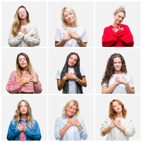 Collage Van Groep Jonge Senior Vrouwen Geïsoleerde Achtergrond Glimlachend Met — Stockfoto