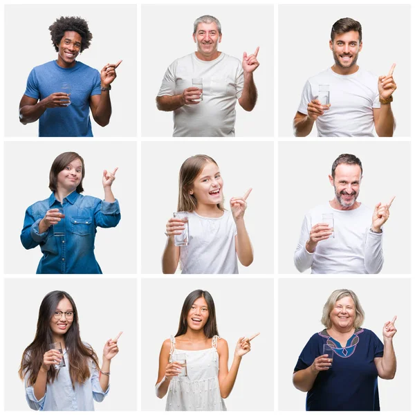 Collage Gruppo Persone Che Bevono Bicchiere Acqua Sfondo Isolato Molto — Foto Stock