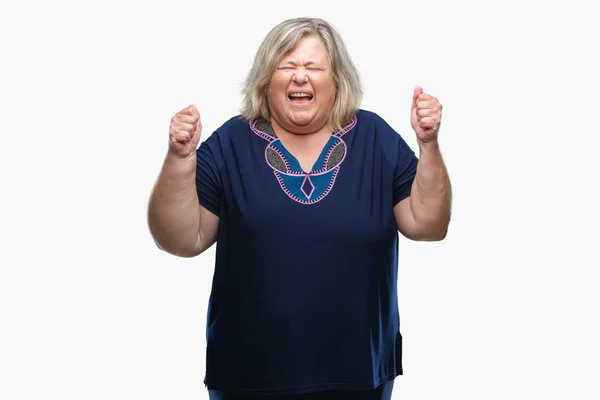 Senior Size Caucasian Woman Isolated Background Excited Success Arms Raised — Stock Photo, Image